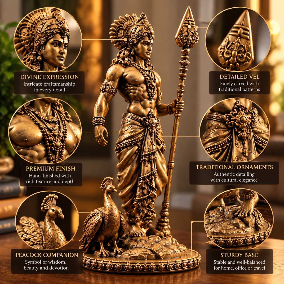 Lord Murugan (Kartikeya / Subrahmanya) Car Dashboard Idol | Premium Handcrafted Marble Dust & Resin Idol - Fabzie - Home Decor Elegance
