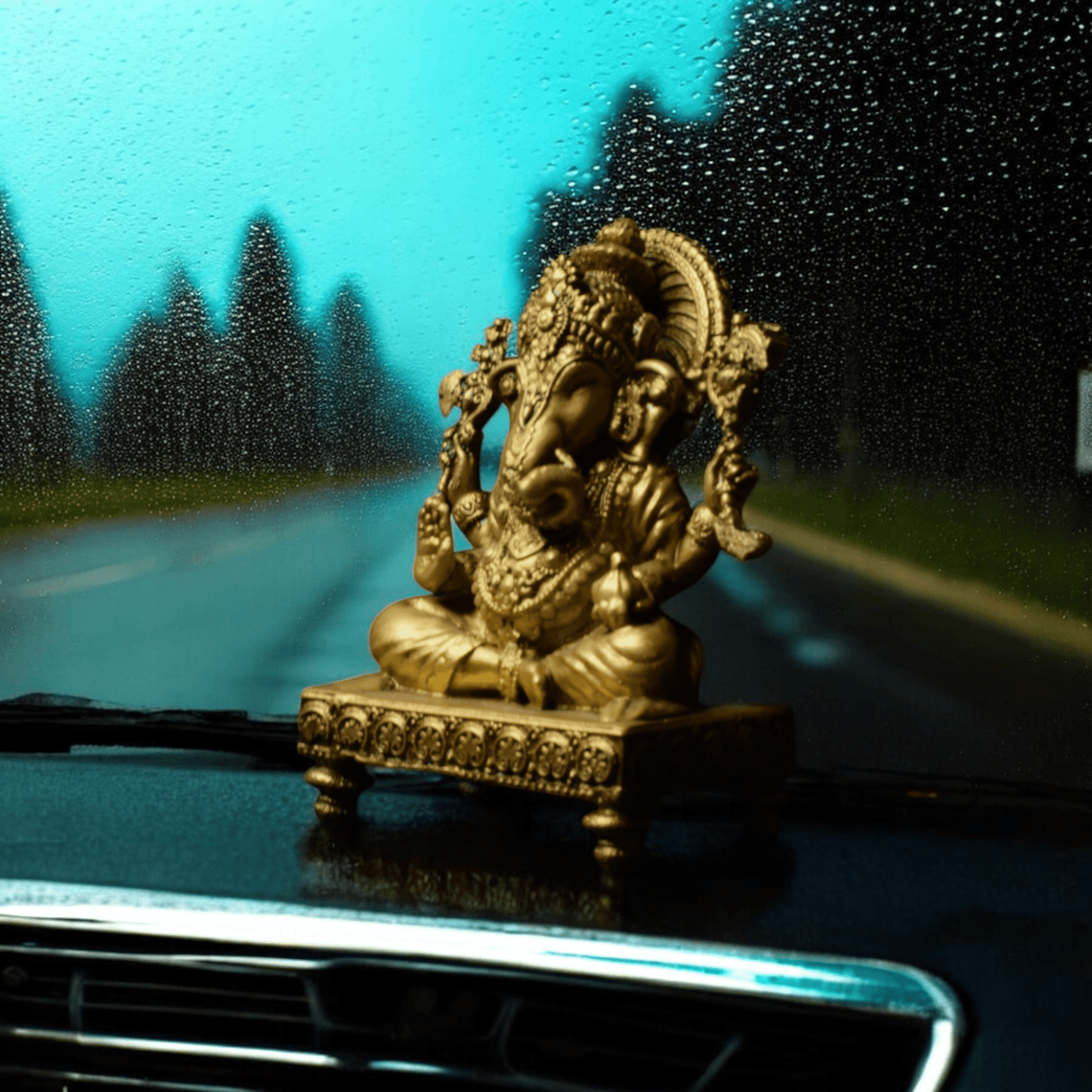 Ganesh ji on chowki- Car dashboard.
