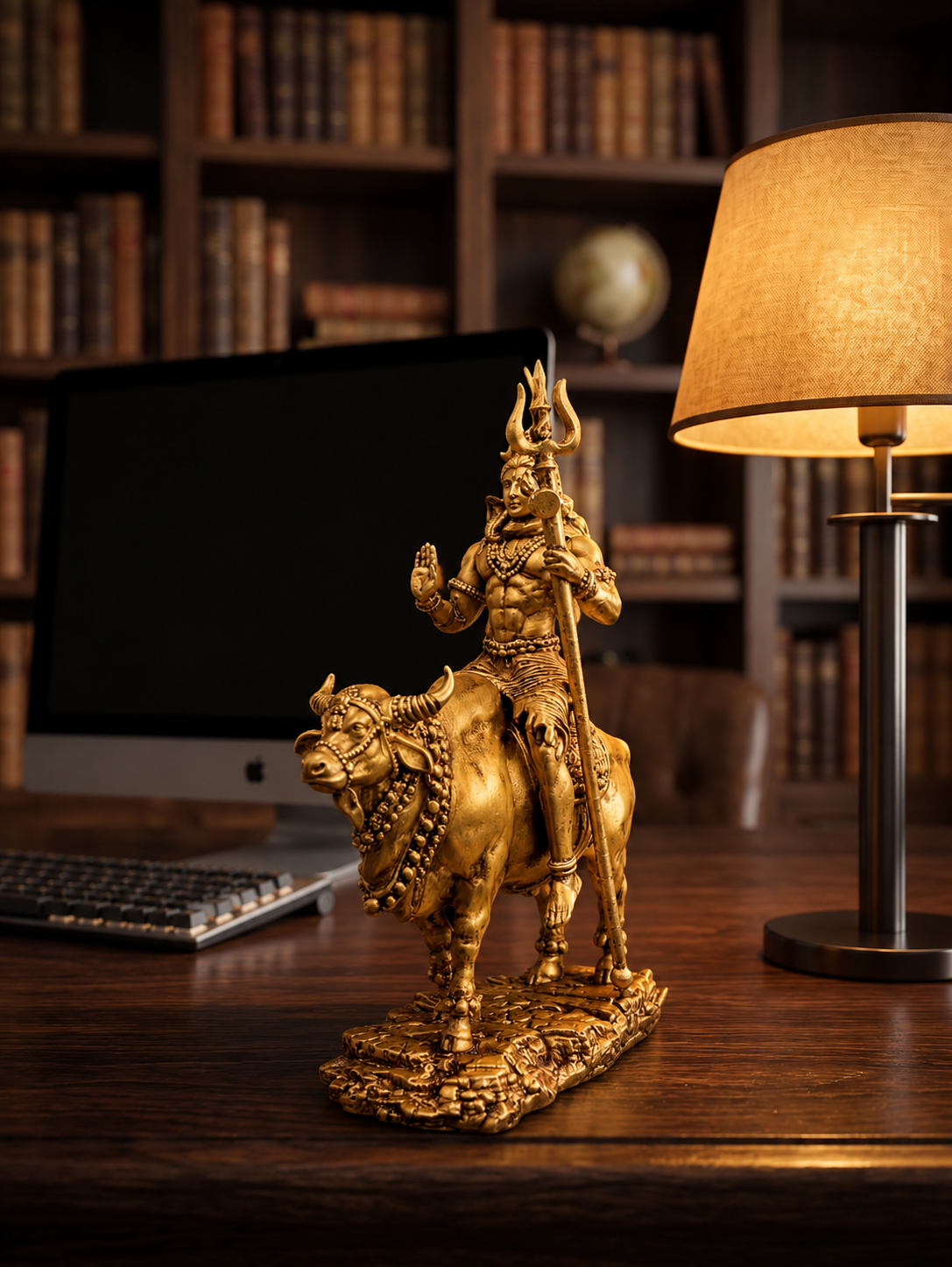 Shiv Ji with Nandi Idol in Antique Gold Finish – Marble Dust Spiritual Decor for Home, Office & Car Dashboard - Fabzie - Home Decor Elegance