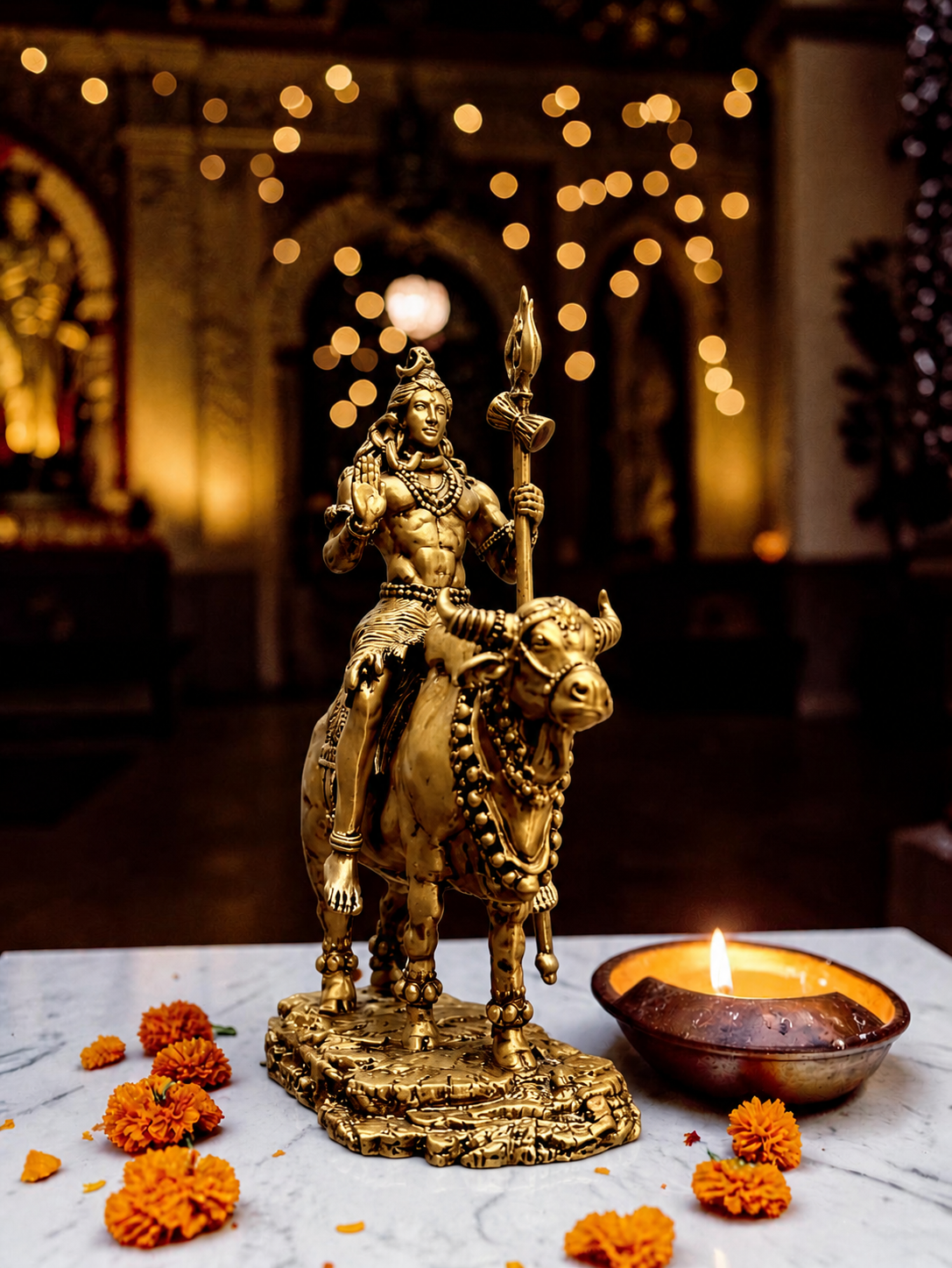 Shiv Ji with Nandi Idol in Antique Gold Finish – Marble Dust Spiritual Decor for Home, Office & Car Dashboard - Fabzie - Home Decor Elegance
