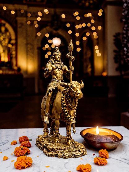 Shiv Ji with Nandi Idol in Antique Gold Finish – Marble Dust Spiritual Decor for Home, Office & Car Dashboard - Fabzie - Home Decor Elegance
