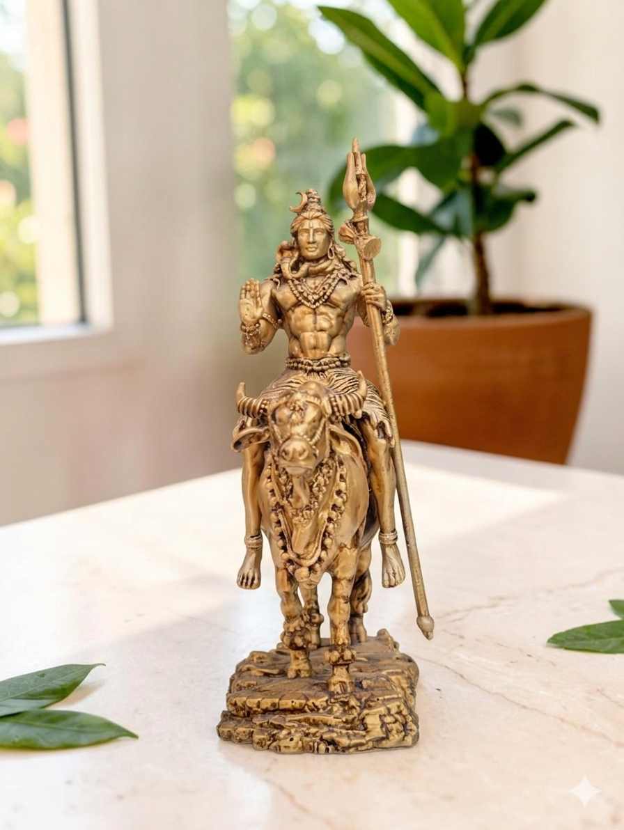 Shiv Ji with Nandi Idol in Antique Gold Finish – Marble Dust Spiritual Decor for Home, Office & Car Dashboard - Fabzie - Home Decor Elegance