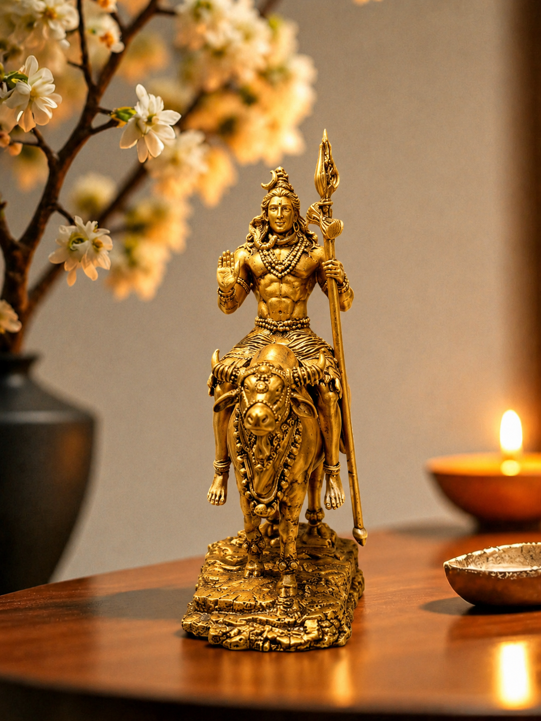 Shiv Ji with Nandi Idol in Antique Gold Finish – Marble Dust Spiritual Decor for Home, Office & Car Dashboard - Fabzie - Home Decor Elegance